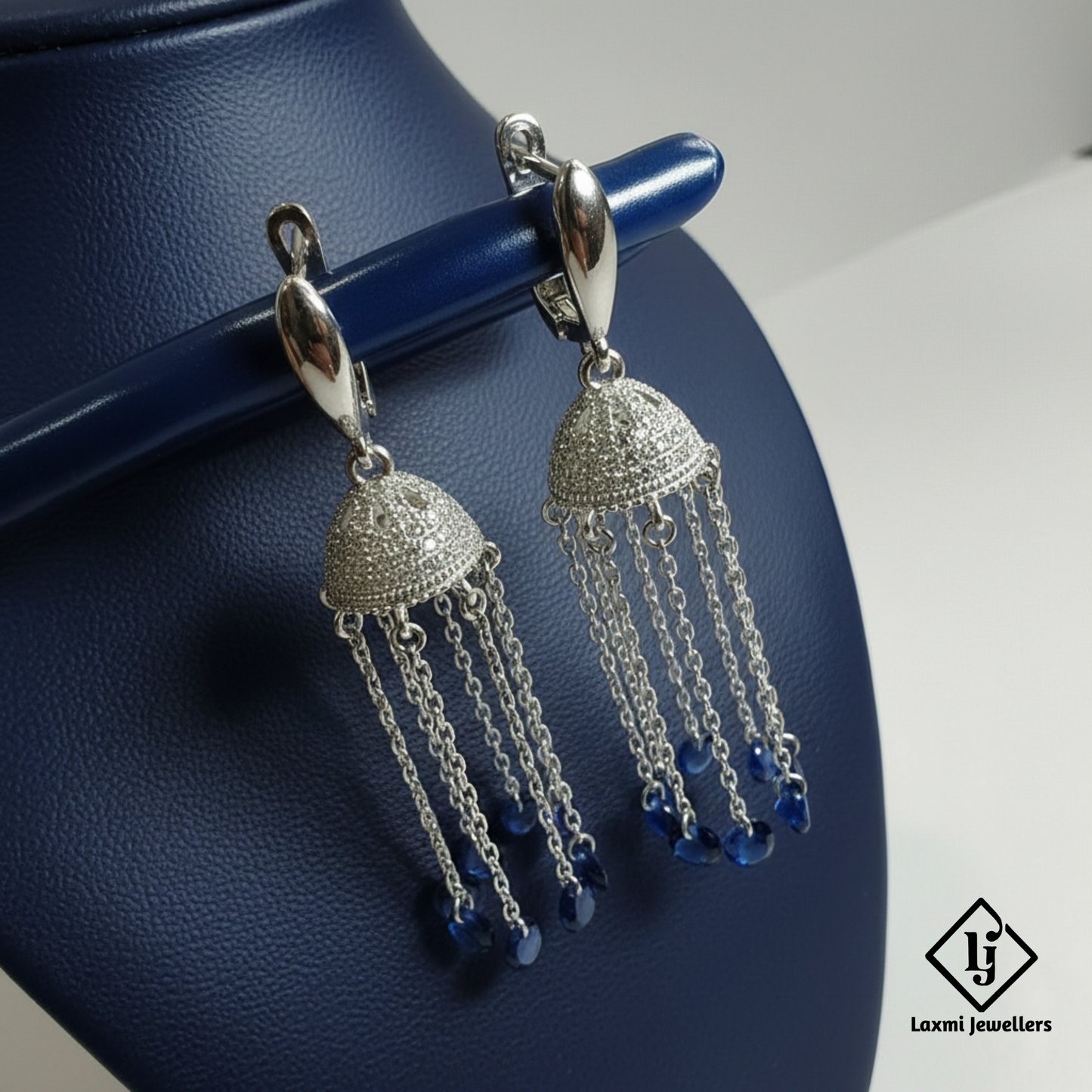 925 Sterling Silver Chain Jhumka Earrings with Blue Beads | Designer Party Wear Earrings for Women