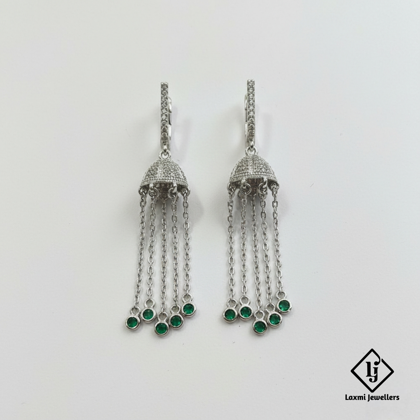 925 Sterling Silver Bali Style Jhumka Earrings with Green Stones | Designer Chain Drop Earrings