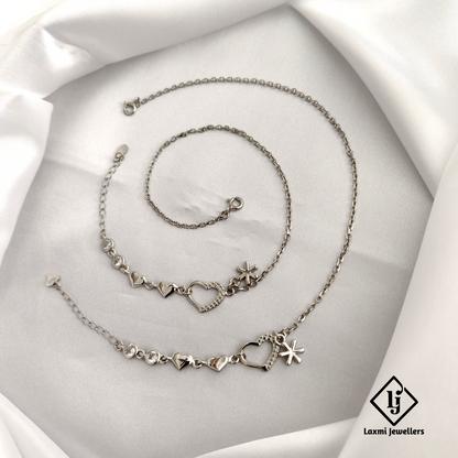 Elegant Sterling Silver Heart and Star Anklet Set - Adjustable Chain for Women