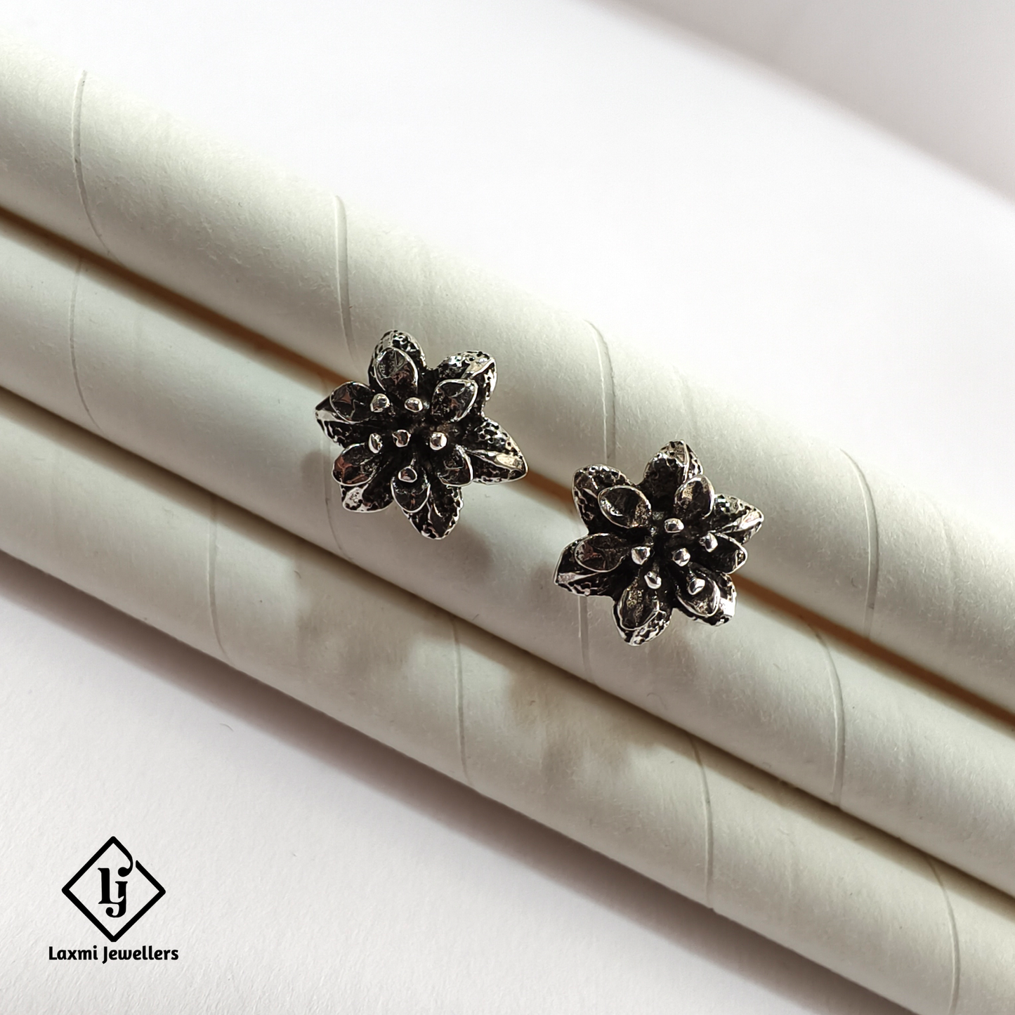 925 Sterling Silver Oxidised Flower Stud Earrings for Women | Laxmi Jewellers