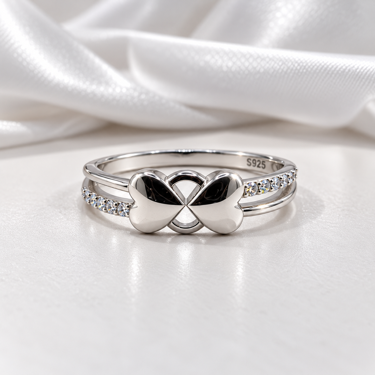 Double Heart 925 Sterling Silver Ladies Ring with Crystal Stones | Elegant Heart Design Ring for Women – Laxmi Jewellers