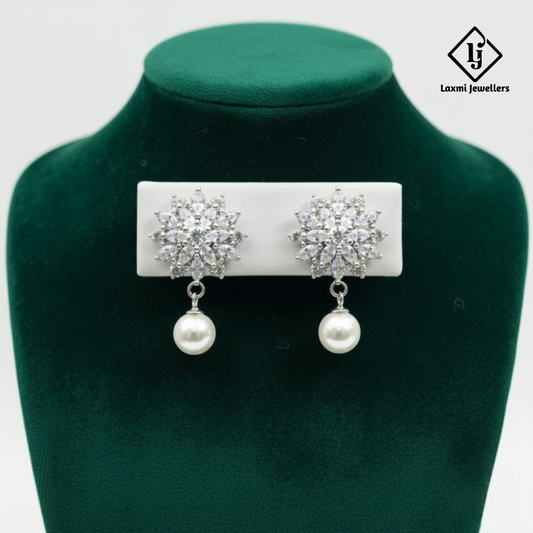 Designer Floral Crystal Pearl Drop Silver Earrings for Women | Party & Wedding Wear