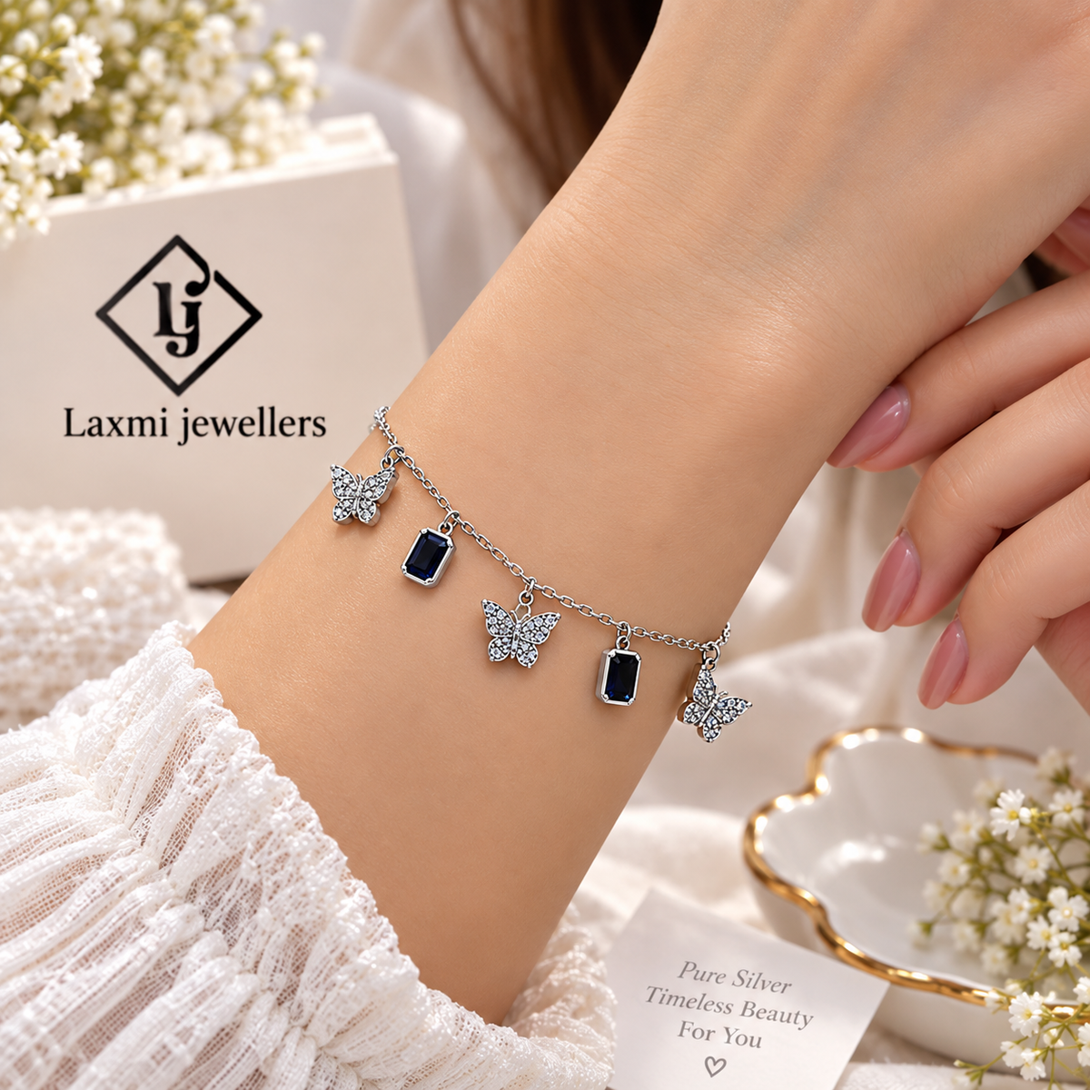 925 Sterling Silver Butterfly Bracelet for Women | Blue Stone Charm Bracelet – Laxmi Jewellers