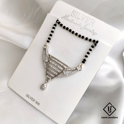 925 Sterling Silver Mangalsutra Necklace with Sparkling Crystal Pendant – Traditional Black Beads Design