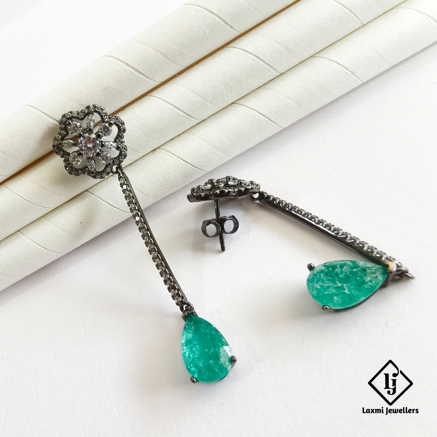 Designer Green Teardrop Long Drop Earrings with CZ Stones | Party & Bridal Wear Earrings for Women