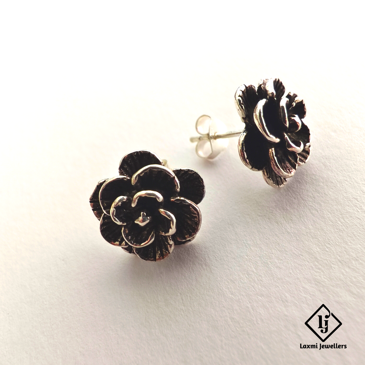 925 Sterling Silver Oxidised Flower Stud Earrings | Handmade Silver Earrings for Women