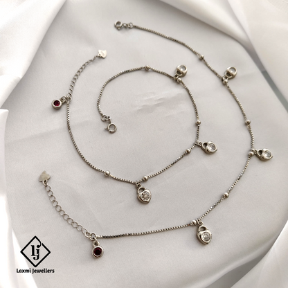 925 Sterling Silver Anklet Set with Heart & Crystal Charms for Women